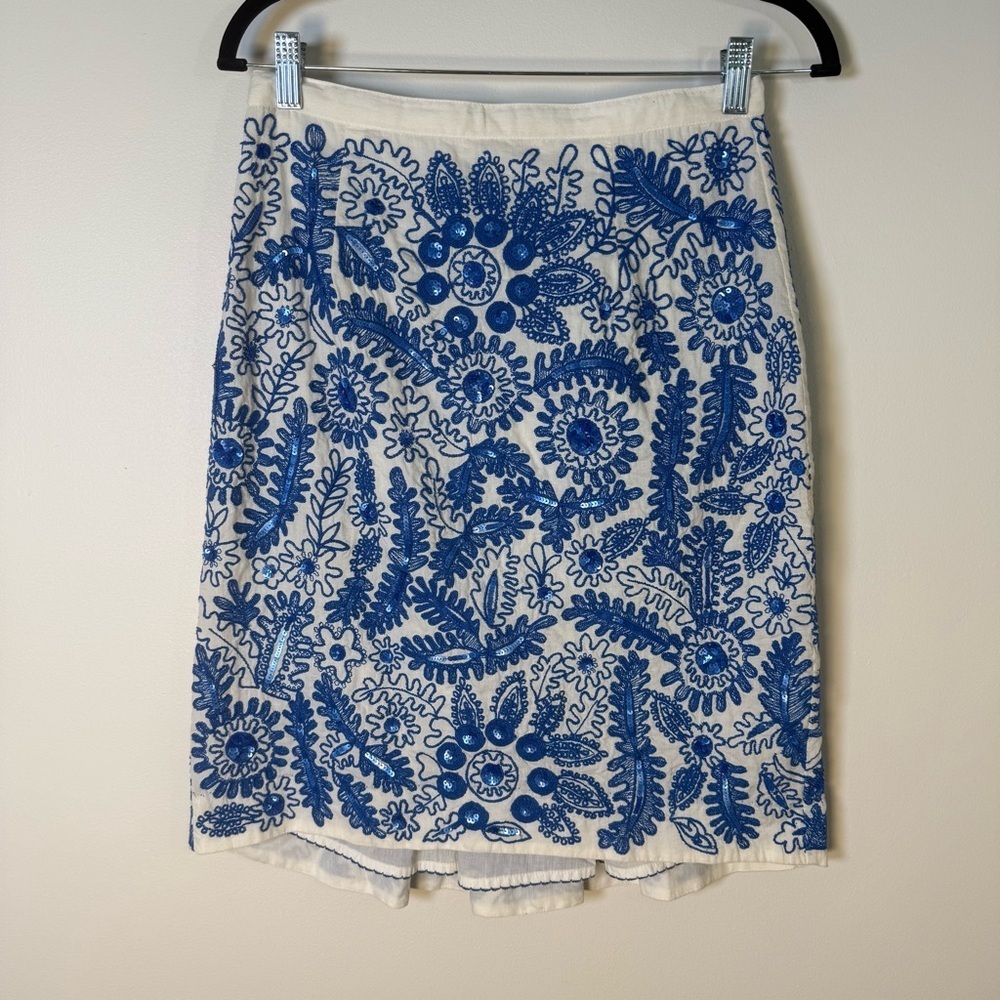 Anthropologie Moulinette Soeurs Blue White Embroidered Sequin Pencil Skirt Nwt